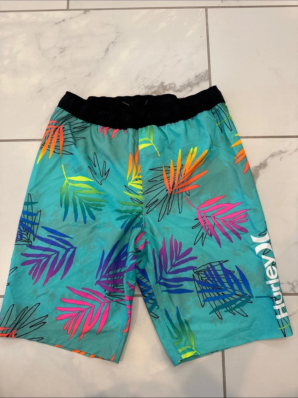 Hurley Teal Tropical Leaf Swim Shorts with Black Waistband